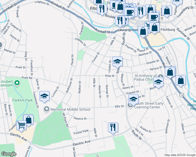 map of restaurants, bars, coffee shops, grocery stores, and more near 9 Warren Street in Fitchburg