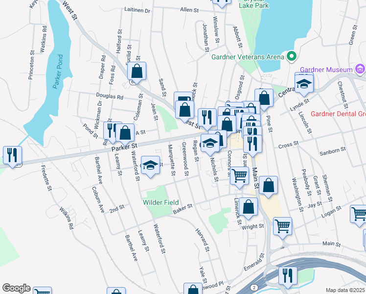 map of restaurants, bars, coffee shops, grocery stores, and more near 17 Greenwood Street in Gardner