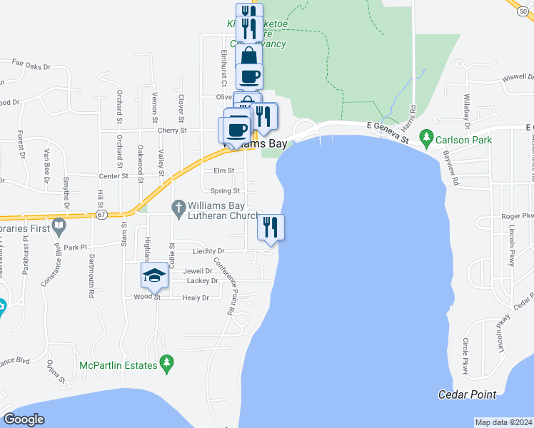 map of restaurants, bars, coffee shops, grocery stores, and more near 1 North Walworth Avenue in Williams Bay