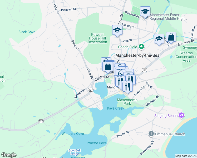 map of restaurants, bars, coffee shops, grocery stores, and more near 40 Central Street in Manchester-by-the-Sea