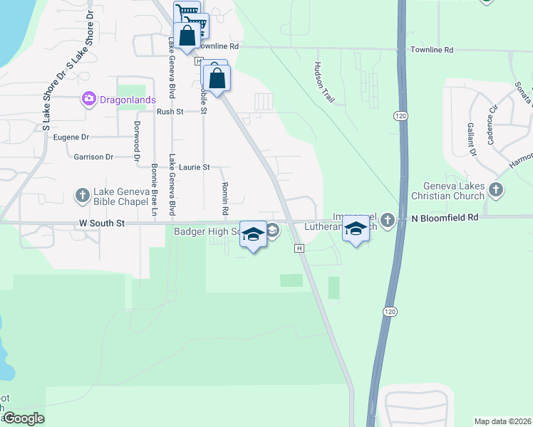 map of restaurants, bars, coffee shops, grocery stores, and more near 313 East South Street in Lake Geneva