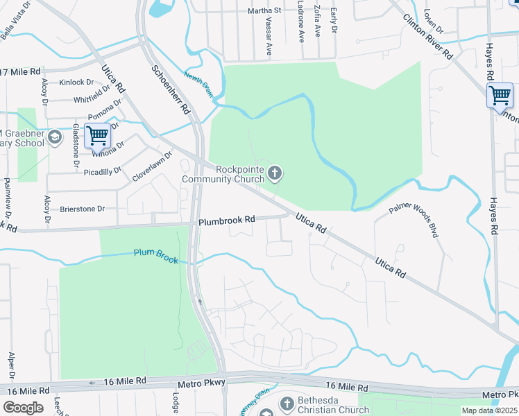 map of restaurants, bars, coffee shops, grocery stores, and more near 13957 Plumbrook Road in Sterling Heights
