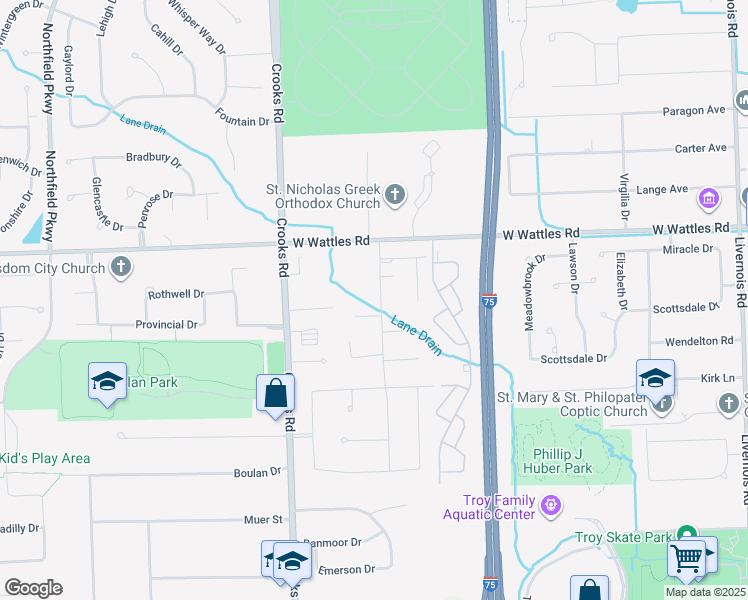 map of restaurants, bars, coffee shops, grocery stores, and more near 3853 Finch Drive in Troy