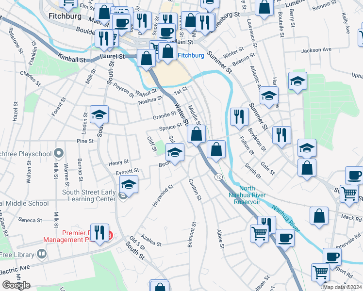 map of restaurants, bars, coffee shops, grocery stores, and more near 32 Birch Street in Fitchburg