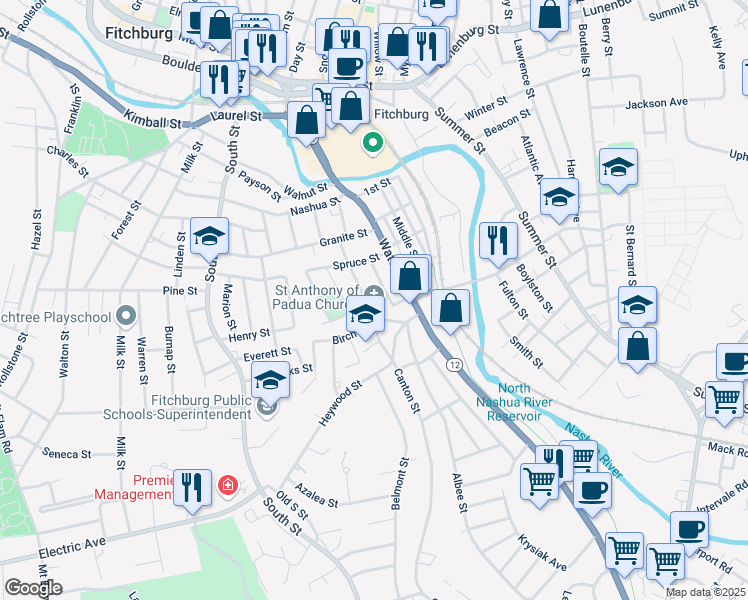 map of restaurants, bars, coffee shops, grocery stores, and more near 32 Birch Street in Fitchburg
