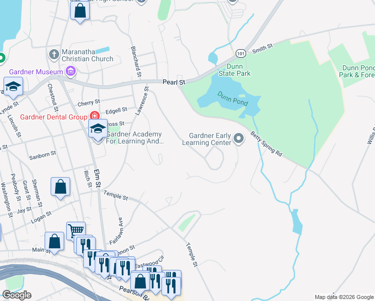 map of restaurants, bars, coffee shops, grocery stores, and more near 123 Parker Hill Road in Gardner