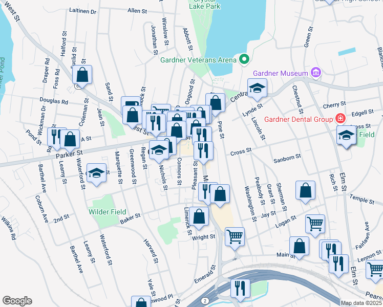 map of restaurants, bars, coffee shops, grocery stores, and more near 70 Pleasant Street in Gardner