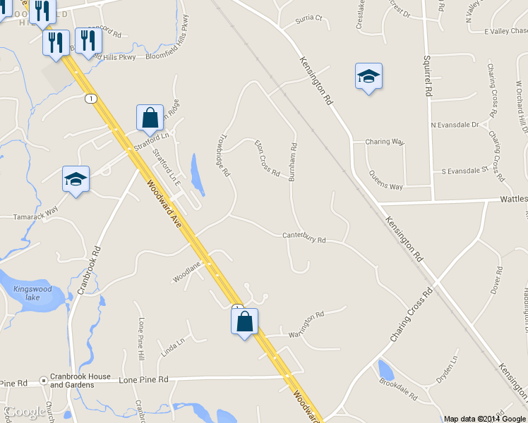 map of restaurants, bars, coffee shops, grocery stores, and more near 145 Canterbury Road in Bloomfield Hills
