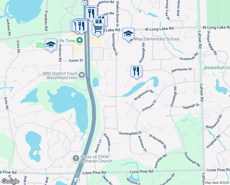 map of restaurants, bars, coffee shops, grocery stores, and more near 4384 Sunningdale Drive in Bloomfield Township