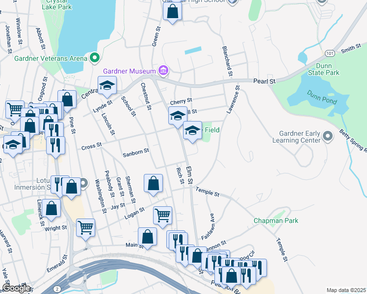 map of restaurants, bars, coffee shops, grocery stores, and more near 160 Elm Street in Gardner