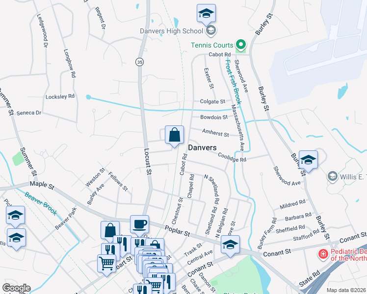 map of restaurants, bars, coffee shops, grocery stores, and more near 19 Cabot Road in Danvers