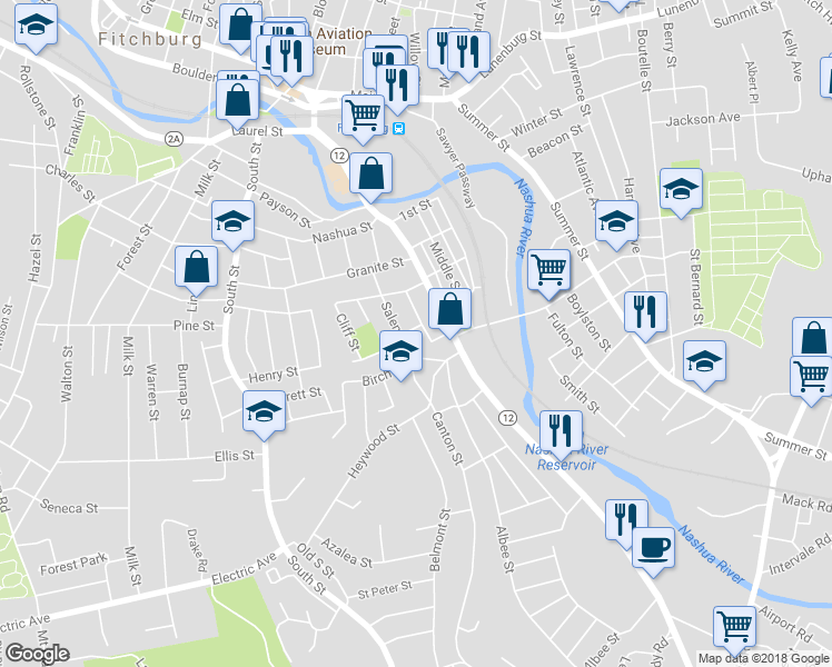 map of restaurants, bars, coffee shops, grocery stores, and more near 3 Lynn Street in Fitchburg