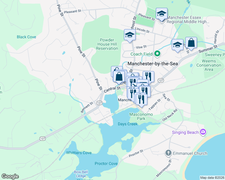 map of restaurants, bars, coffee shops, grocery stores, and more near 4 Peele House Square in Manchester-by-the-Sea