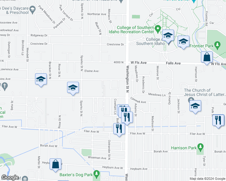 map of restaurants, bars, coffee shops, grocery stores, and more near 785 Bolton Street in Twin Falls