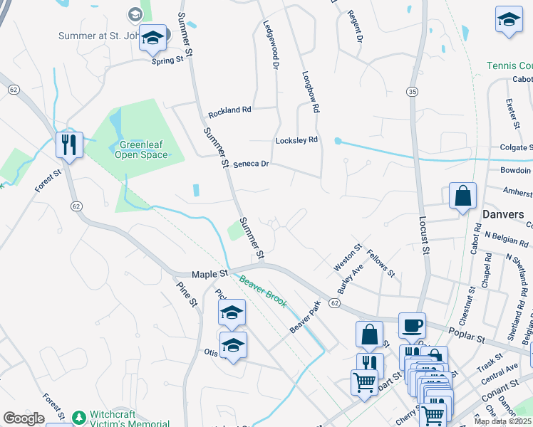 map of restaurants, bars, coffee shops, grocery stores, and more near 9 Summer Street in Danvers