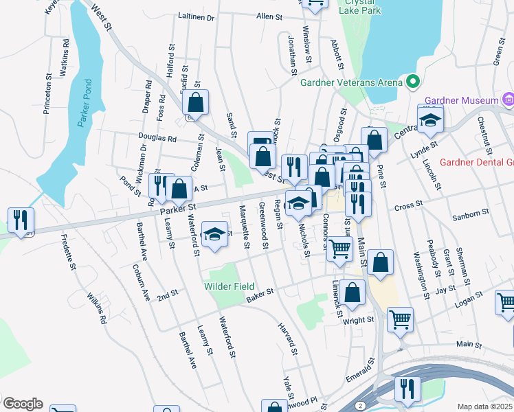map of restaurants, bars, coffee shops, grocery stores, and more near 24-26 Marquette Street in Gardner