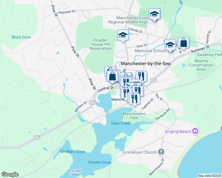 map of restaurants, bars, coffee shops, grocery stores, and more near 4 Peele House Square in Manchester-by-the-Sea