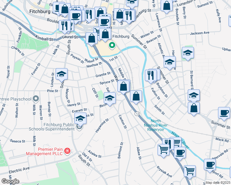 map of restaurants, bars, coffee shops, grocery stores, and more near 32 Birch Street in Fitchburg