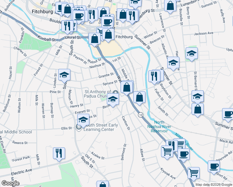 map of restaurants, bars, coffee shops, grocery stores, and more near 32 Birch Street in Fitchburg