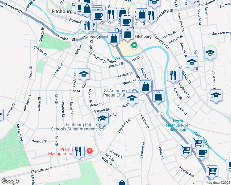 map of restaurants, bars, coffee shops, grocery stores, and more near 12 Cliff Street in Fitchburg