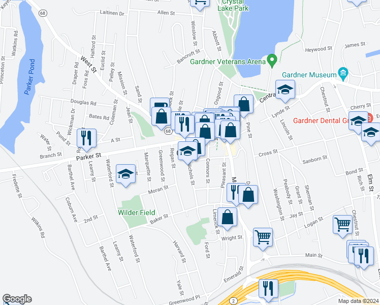 map of restaurants, bars, coffee shops, grocery stores, and more near in Gardner