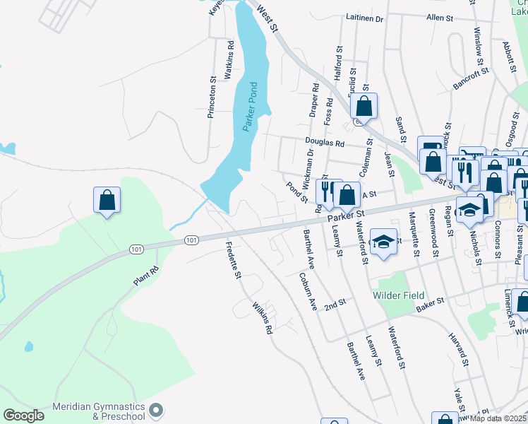 map of restaurants, bars, coffee shops, grocery stores, and more near 491 Parker Street in Gardner