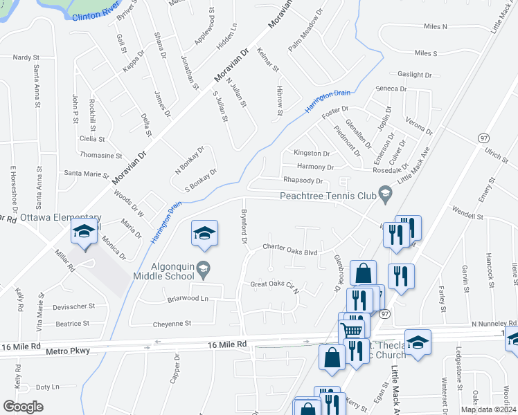map of restaurants, bars, coffee shops, grocery stores, and more near 37096 Brynford Drive in Clinton Township