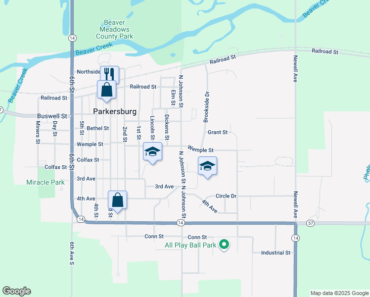 map of restaurants, bars, coffee shops, grocery stores, and more near 506 North Johnson Street in Parkersburg