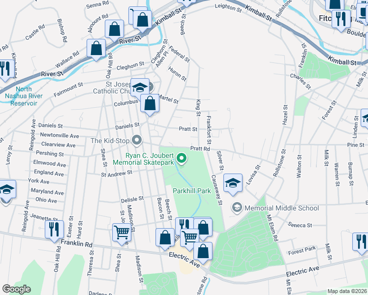 map of restaurants, bars, coffee shops, grocery stores, and more near Pratt Road in Fitchburg