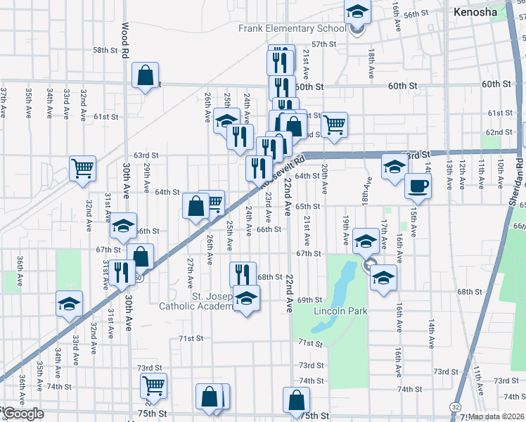 map of restaurants, bars, coffee shops, grocery stores, and more near 6526 23rd Avenue in Kenosha