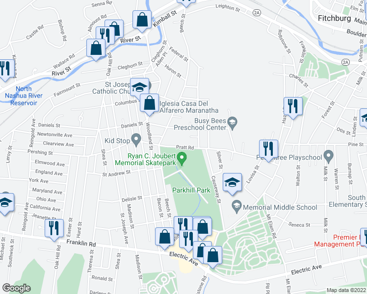map of restaurants, bars, coffee shops, grocery stores, and more near Pratt Road in Fitchburg