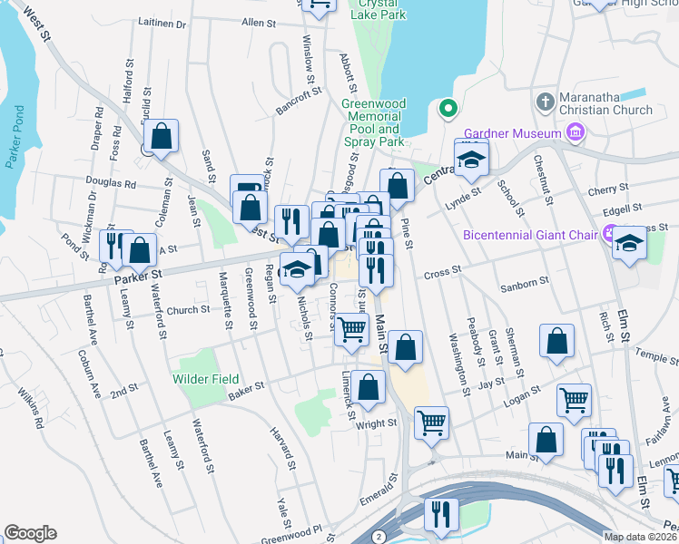map of restaurants, bars, coffee shops, grocery stores, and more near 70 City Hall Avenue in Gardner