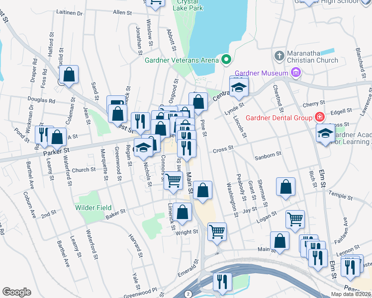 map of restaurants, bars, coffee shops, grocery stores, and more near 40 Main Street in Gardner