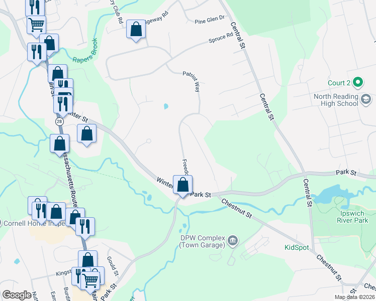 map of restaurants, bars, coffee shops, grocery stores, and more near 8 Freedom Drive in North Reading