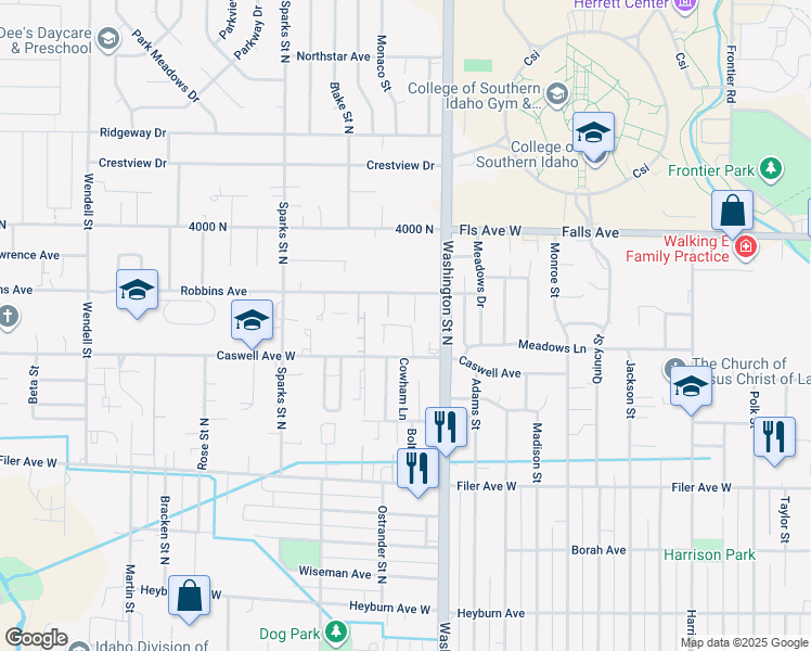 map of restaurants, bars, coffee shops, grocery stores, and more near 166 Caswell Avenue West in Twin Falls