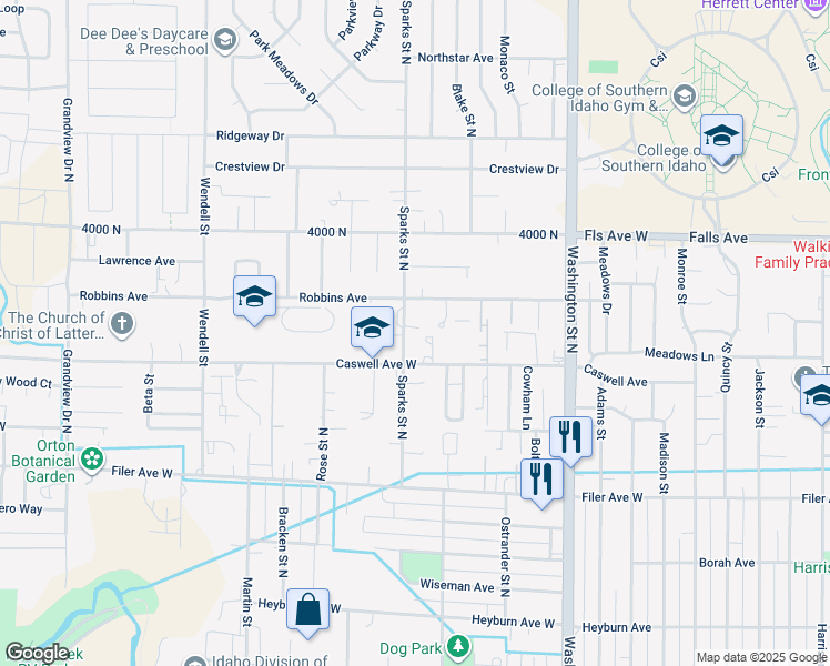map of restaurants, bars, coffee shops, grocery stores, and more near 362 Caswell Avenue West in Twin Falls