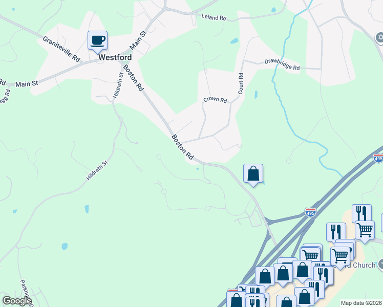 map of restaurants, bars, coffee shops, grocery stores, and more near 45 Boston Road in Westford