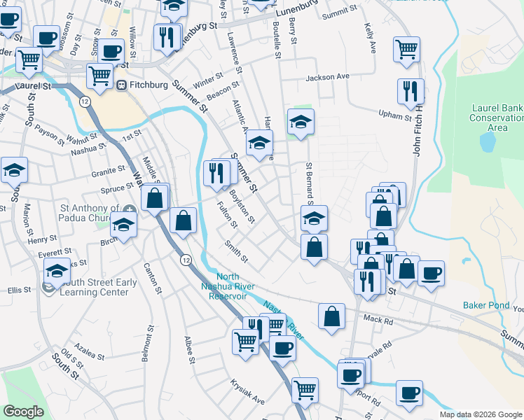 map of restaurants, bars, coffee shops, grocery stores, and more near 12 Cane Street in Fitchburg