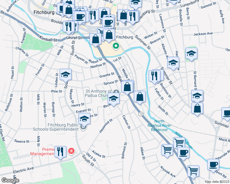 map of restaurants, bars, coffee shops, grocery stores, and more near 20 Beekman Street in Fitchburg