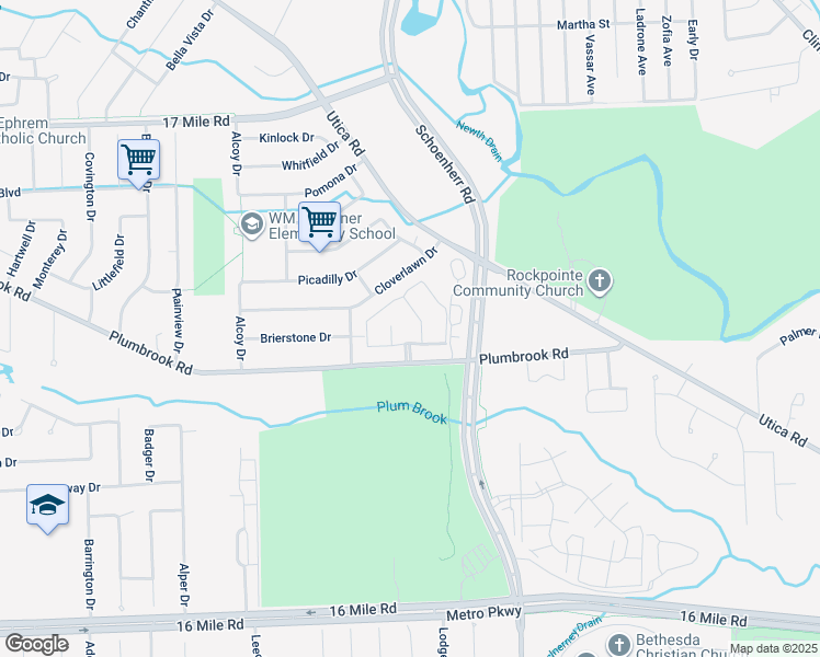 map of restaurants, bars, coffee shops, grocery stores, and more near 13403 Plumbrook Road in Sterling Heights