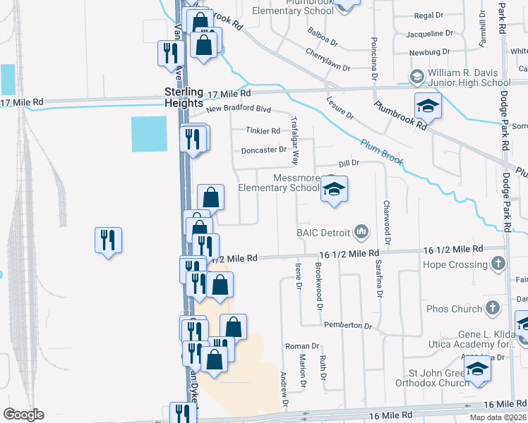 map of restaurants, bars, coffee shops, grocery stores, and more near 38133 Medville Drive in Sterling Heights