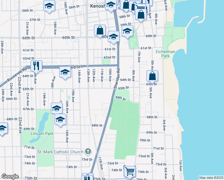 map of restaurants, bars, coffee shops, grocery stores, and more near 6530 Sheridan Road in Kenosha