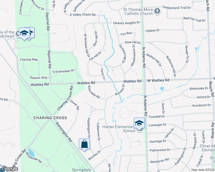 map of restaurants, bars, coffee shops, grocery stores, and more near 4555 Whitley Court in Bloomfield Hills