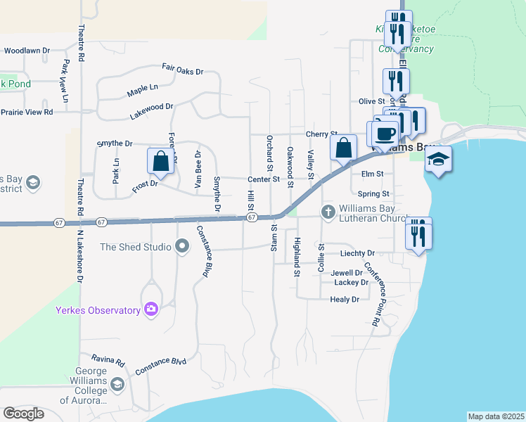 map of restaurants, bars, coffee shops, grocery stores, and more near 203 West Geneva Street in Williams Bay