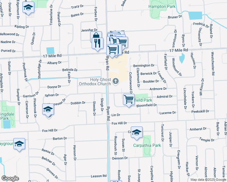 map of restaurants, bars, coffee shops, grocery stores, and more near 38363 Coronation Drive in Sterling Heights