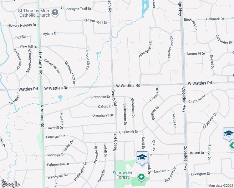 map of restaurants, bars, coffee shops, grocery stores, and more near 2511 West Wattles Road in Troy