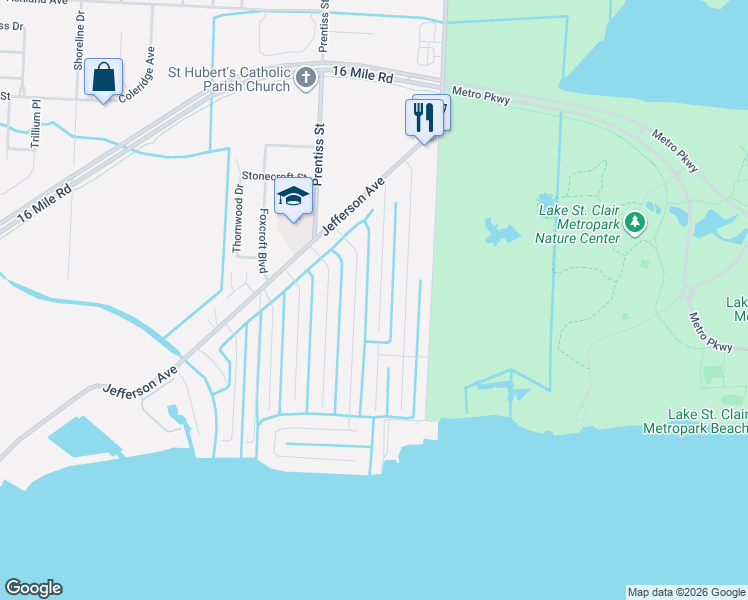 map of restaurants, bars, coffee shops, grocery stores, and more near 38172 Seaway Court in Harrison Township