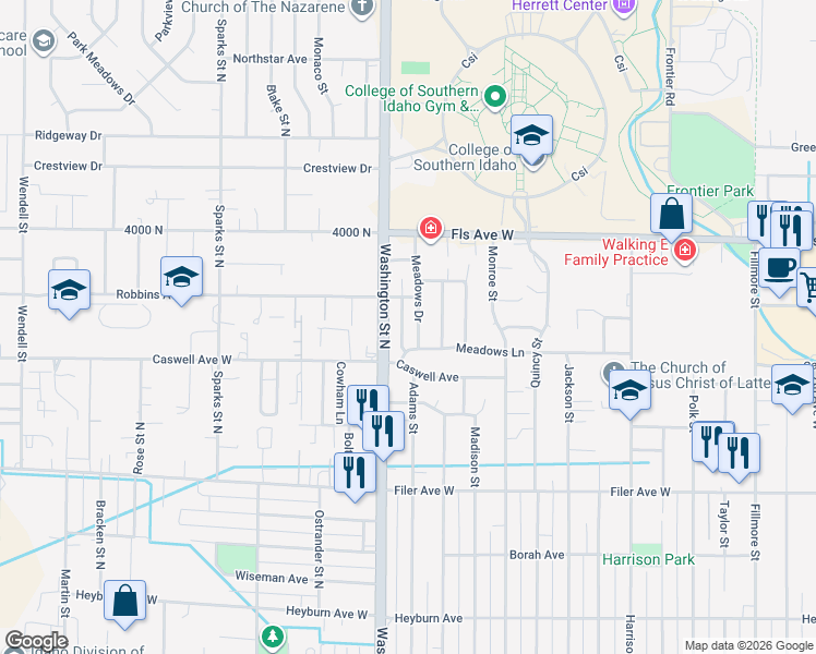 map of restaurants, bars, coffee shops, grocery stores, and more near 759 Meadows Drive in Twin Falls
