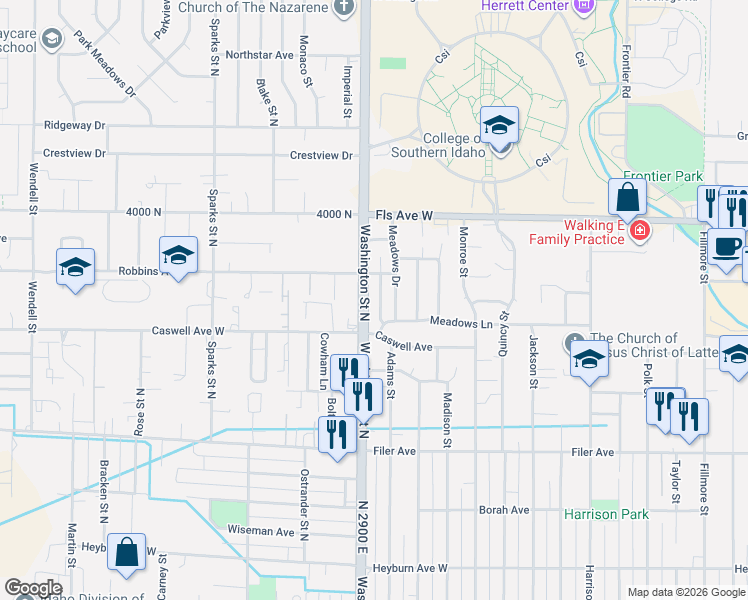 map of restaurants, bars, coffee shops, grocery stores, and more near 785 North 2900 East in Twin Falls