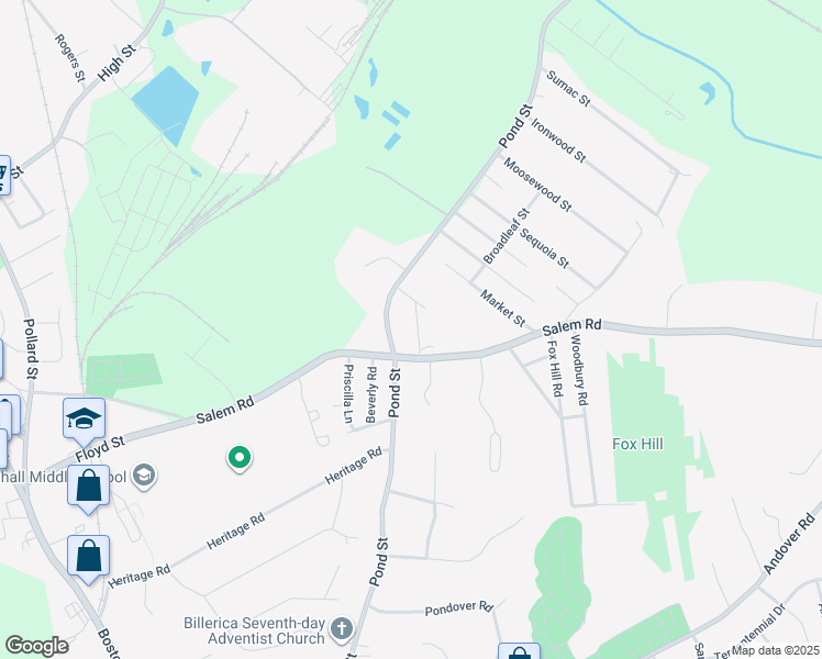 map of restaurants, bars, coffee shops, grocery stores, and more near 125 Pond Street in Billerica